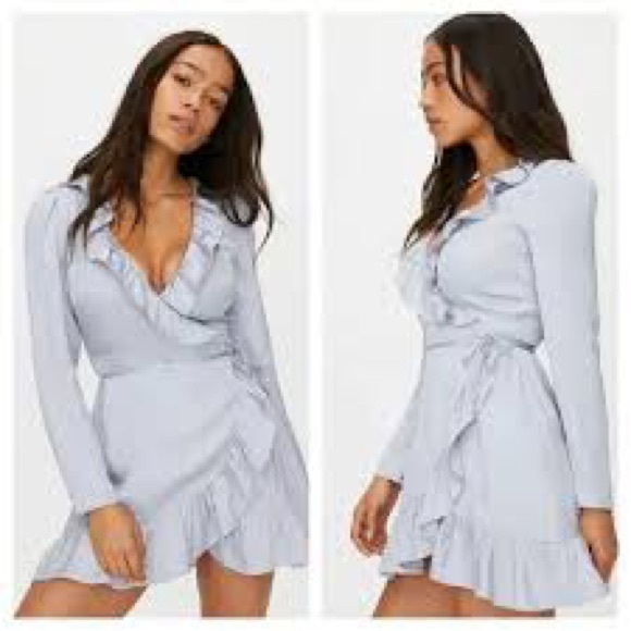 Lena Ruffled V-Neck Puff Sleeve Button Wrist True Wrap Mini Dress in Light Blue - Picture 2 of 12